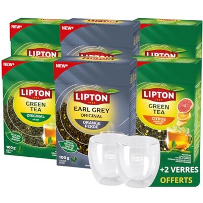 Lipton Thé en Vrac 6×100 g -Thé Vert aux Agrumes, Thé Vert Nature & Thé Noir Earl Grey Orange Pékoé Feuilles Longues, 100% Naturel & 2 Verres Offerts - Publicité Lipton Thé en Vrac 6×100 g -Thé Vert aux Agrumes, Thé Vert Nature & Thé Noir Earl Grey Orange Pékoé Feuilles Longues, 100% Naturel & 2 Verres Offerts - Publicité