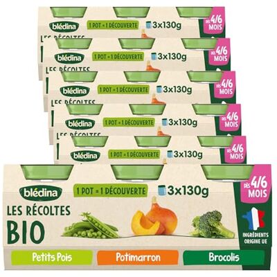 Blédina Les Récoltes Bio Brocolis, Pomme de Terre, Potimarron, Petits Pois Recette BIO et simple De 4 à 6 mois 18 Pots de 130g - Publicité Blédina Les Récoltes Bio Brocolis, Pomme de Terre, Potimarron, Petits Pois Recette BIO et simple De 4 à 6 mois 18 Pots de 130g - Publicité