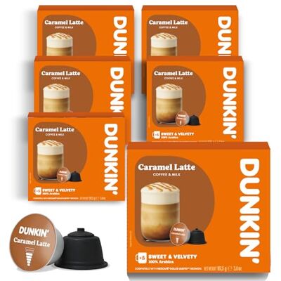 Dunkin' Donuts Caramel Latte – 60 capsules de café compatible avec les machines Dolce Gusto Latte instantané au goût caramel Crémeux, doux et aromatique Fabriqué en Italie - Publicité Dunkin' Donuts Caramel Latte – 60 capsules de café compatible avec les machines Dolce Gusto Latte instantané au goût caramel Crémeux, doux et aromatique Fabriqué en Italie - Publicité