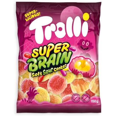 Trolli SuperHirn bonbons gélifiés SuperBrain, sachet 150 g Gummibärchen en forme de cerveaux fantaisie, présentés dans un paquet individuel consacré à cette variété originale - Publicité Trolli SuperHirn bonbons gélifiés SuperBrain, sachet 150 g Gummibärchen en forme de cerveaux fantaisie, présentés dans un paquet individuel consacré à cette variété originale - Publicité