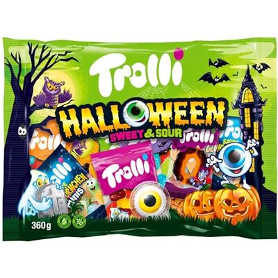 Trolli Halloween Bonbons Doux et Acidulés en sachet de 360g, mélange de bonbons avec des yeux globuleux, des vers acidulés et des Dracula - Publicité Trolli Halloween Bonbons Doux et Acidulés en sachet de 360g, mélange de bonbons avec des yeux globuleux, des vers acidulés et des Dracula - Publicité