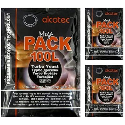 Alcotec 3 x Mega Pack 100L Levure Turbo, Levure Vodka, Levure pour Purée - Publicité Alcotec 3 x Mega Pack 100L Levure Turbo, Levure Vodka, Levure pour Purée - Publicité