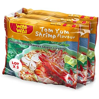 AUCHAN Lot de 3 unités *** WAI WAI Nouilles asiatiques instantanées saveur crevettes sachets 3x60g - Publicité AUCHAN Lot de 3 unités *** WAI WAI Nouilles asiatiques instantanées saveur crevettes sachets 3x60g - Publicité