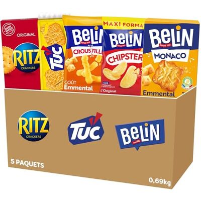 Belin RITZ TUC-La Boîte Apéritif 5 Paquets de Crackers-Ritz, Tuc Original, Croustilles Emmental, Chipster, Monaco Emmental -Lot de 0,69kg - Publicité Belin RITZ TUC-La Boîte Apéritif 5 Paquets de Crackers-Ritz, Tuc Original, Croustilles Emmental, Chipster, Monaco Emmental -Lot de 0,69kg - Publicité