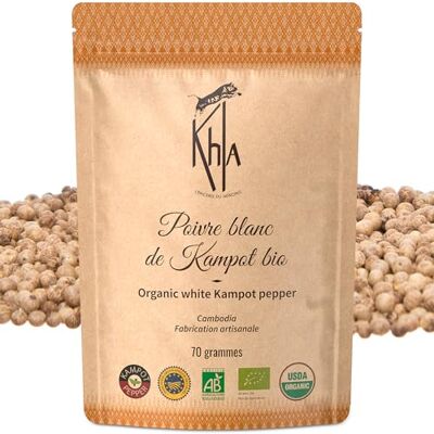 Khla Poivre blanc de Kampot Bio Sachet poivre en grains IGP 70g Recharge moulin Ingrédient Cuisine Direct producteur Production limitée Epice Asie Origine Cambodge - Publicité Khla Poivre blanc de Kampot Bio Sachet poivre en grains IGP 70g Recharge moulin Ingrédient Cuisine Direct producteur Production limitée Epice Asie Origine Cambodge - Publicité