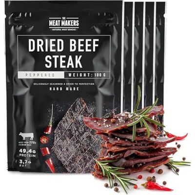 The Meat Makers Peppered Dried Beef Jerky Steak 500g viande séchée de bœuf séché peppered steak séché de bœuf séché pour les personnes collation à la viande séchée - Publicité The Meat Makers Peppered Dried Beef Jerky Steak 500g viande séchée de bœuf séché peppered steak séché de bœuf séché pour les personnes collation à la viande séchée - Publicité