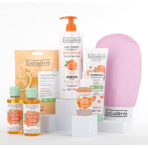 Evoluderm – Routine Éclat 6 Visage & Corps – 1 Lait + 2 Huiles + 1 Sérum Vitamine C + 1 Gommage carotte + 1 Masque tissu Vitamine C + Gant Exfoliant Offert – idée Cadeau Fabrication Française - Publicité Evoluderm – Routine Éclat 6 Visage & Corps – 1 Lait + 2 Huiles + 1 Sérum Vitamine C + 1 Gommage carotte + 1 Masque tissu Vitamine C + Gant Exfoliant Offert – idée Cadeau Fabrication Française - Publicité