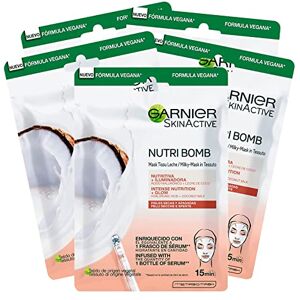 Garnier 5x Skinactive Masque en tissu Nutri Bomb nourrissant et illuminant avec du lait de coco pour peaux sèches et ternes 5 masques jetables - Publicité Garnier 5x Skinactive Masque en tissu Nutri Bomb nourrissant et illuminant avec du lait de coco pour peaux sèches et ternes 5 masques jetables - Publicité