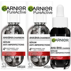 Garnier PureActive Sérum Visage Anti-Imperfections au Charbon Niacinamide AHA BHA Traitement Boutons Points Noirs Rougeurs Formule Légère Matifiante Unifiante Sans Résidus 2 Flacons de 30ml - Publicité Garnier PureActive Sérum Visage Anti-Imperfections au Charbon Niacinamide AHA BHA Traitement Boutons Points Noirs Rougeurs Formule Légère Matifiante Unifiante Sans Résidus 2 Flacons de 30ml - Publicité