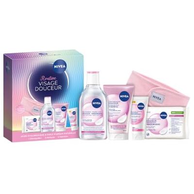 NIVEA Coffret Cadeau Routine Visage Douceur Peaux Sèches et Sensibles Eau micellaire (400 ml), crème nettoyante (125 ml), soin de jour SPF 15 (50 ml), lingettes démaquillantes (x20) - Publicité NIVEA Coffret Cadeau Routine Visage Douceur Peaux Sèches et Sensibles Eau micellaire (400 ml), crème nettoyante (125 ml), soin de jour SPF 15 (50 ml), lingettes démaquillantes (x20) - Publicité