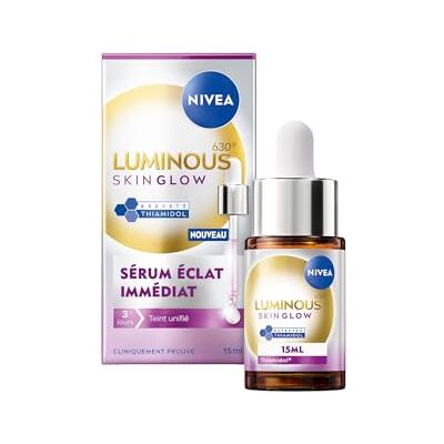 NIVEA Sérum Luminous 630 Skin Glow, 15 ml Soin anti-taches à la niacinamide, à l’aloe vera et au Thiamidol, réduit les taches brunes, resserre les pores et hydrate - Publicité NIVEA Sérum Luminous 630 Skin Glow, 15 ml Soin anti-taches à la niacinamide, à l’aloe vera et au Thiamidol, réduit les taches brunes, resserre les pores et hydrate - Publicité