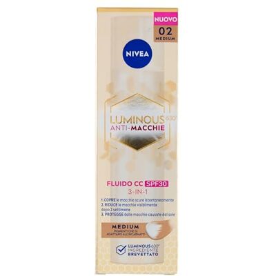 NIVEA Luminous630 Fluid CC Cream SPF 30 Crème visage 3 en 1 Medium 40 ml avec pigments encapsulés et triple action Crème anti-taches avec acide hyaluronique et thiamidol - Publicité NIVEA Luminous630 Fluid CC Cream SPF 30 Crème visage 3 en 1 Medium 40 ml avec pigments encapsulés et triple action Crème anti-taches avec acide hyaluronique et thiamidol - Publicité