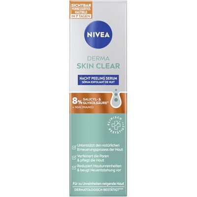 NIVEA Derma Skin Clear Sérum exfoliant de nuit pour un teint visiblement amélioré, sérum exfoliant à la niacinamide qui affine les pores avec AHA et BHA (40 ml) - Publicité NIVEA Derma Skin Clear Sérum exfoliant de nuit pour un teint visiblement amélioré, sérum exfoliant à la niacinamide qui affine les pores avec AHA et BHA (40 ml) - Publicité