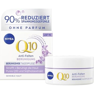 NIVEA Q10 Crème de jour sans parfum avec SPF 15, soin raffermissant du visage à l'extrait de réglisse pour peaux sensibles, Q10 anti-rides apaisant (50 ml) - Publicité NIVEA Q10 Crème de jour sans parfum avec SPF 15, soin raffermissant du visage à l'extrait de réglisse pour peaux sensibles, Q10 anti-rides apaisant (50 ml) - Publicité