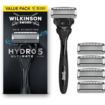 Wilkinson Sword Hydro 5 Ultimate 1 manche de rasoir pour homme, 5 recharges Rasoir 5 lames peau sensible , visage ou corps, gel hydratant à l'acide hyaluronique, réservoirs pivotants plus de précision - Publicité Wilkinson Sword Hydro 5 Ultimate 1 manche de rasoir pour homme, 5 recharges Rasoir 5 lames peau sensible , visage ou corps, gel hydratant à l'acide hyaluronique, réservoirs pivotants plus de précision - Publicité