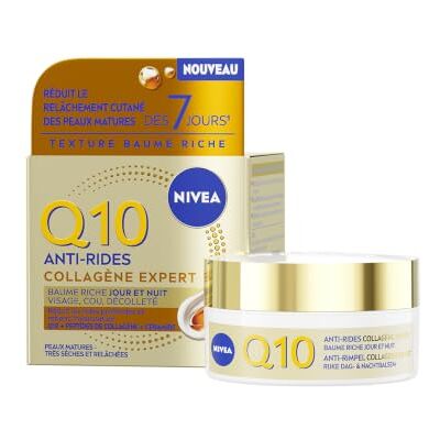 NIVEA Baume Riche Jour & Nuit Q10 Anti-Rides Collagène Expert Visage, Cou, Décolleté Réduit les Rides Profondes & Retient l'Hydratation Peptides de Collagène & Céramide Peaux Matures 50 ml - Publicité NIVEA Baume Riche Jour & Nuit Q10 Anti-Rides Collagène Expert Visage, Cou, Décolleté Réduit les Rides Profondes & Retient l'Hydratation Peptides de Collagène & Céramide Peaux Matures 50 ml - Publicité