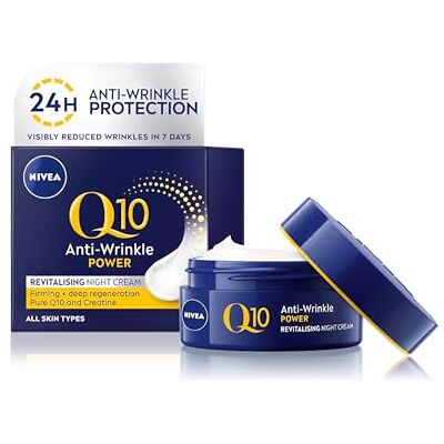 NIVEA Crème de nuit Q10 Power anti-rides, 50 ml, cibles efficaces, peau raffermissante, réduit les rides en 7 jours, boosts production de collagène et protège les cellules contre les dommages radicaux - Publicité NIVEA Crème de nuit Q10 Power anti-rides, 50 ml, cibles efficaces, peau raffermissante, réduit les rides en 7 jours, boosts production de collagène et protège les cellules contre les dommages radicaux - Publicité