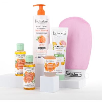 Evoluderm – Routine Éclat Visage & Corps – 1 Lait Corps Carotte + 2 Huiles de Carotte + 1 Sérum Vitamine C + 1 Gommage visage Agrumes + Gant Exfoliant Offert – Idée Cadeau Fabrication Française - Publicité Evoluderm – Routine Éclat Visage & Corps – 1 Lait Corps Carotte + 2 Huiles de Carotte + 1 Sérum Vitamine C + 1 Gommage visage Agrumes + Gant Exfoliant Offert – Idée Cadeau Fabrication Française - Publicité