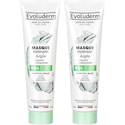 Evoluderm Masque Purifiant Argile 150 ml 98% d’Origine Naturelle Végan Fabrication Française Lot de 2 x 150 ml - Publicité Evoluderm Masque Purifiant Argile 150 ml 98% d’Origine Naturelle Végan Fabrication Française Lot de 2 x 150 ml - Publicité