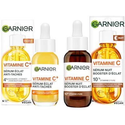 Garnier Coffret Duo Sérums Vitamine C Jour & Nuit Éclat Visage 2x30ml Réduit taches brunes et cicatrices acné, Booste l'éclat du Visage, Vegan & Cruelty Free, Tous types de peaux - Publicité Garnier Coffret Duo Sérums Vitamine C Jour & Nuit Éclat Visage 2x30ml Réduit taches brunes et cicatrices acné, Booste l'éclat du Visage, Vegan & Cruelty Free, Tous types de peaux - Publicité