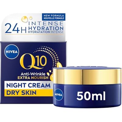 NIVEA Q10 Soin de nuit anti-rides pour peaux sèches avec coenzyme Q10 et huile d'argan bio, soin du visage hydratant anti-rides Q10 Power extra riche (50 ml) - Publicité NIVEA Q10 Soin de nuit anti-rides pour peaux sèches avec coenzyme Q10 et huile d'argan bio, soin du visage hydratant anti-rides Q10 Power extra riche (50 ml) - Publicité