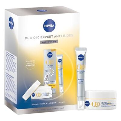 NIVEA Coffret Soin Visage Anti-Âge Q10 Expert anti-rides Combleur de Rides Ciblé (15 ml) + Soin de Jour Anti-Rides & Fermeté (50 ml) Q10 Pur & Créatine Tous Types de Peaux - Publicité NIVEA Coffret Soin Visage Anti-Âge Q10 Expert anti-rides Combleur de Rides Ciblé (15 ml) + Soin de Jour Anti-Rides & Fermeté (50 ml) Q10 Pur & Créatine Tous Types de Peaux - Publicité