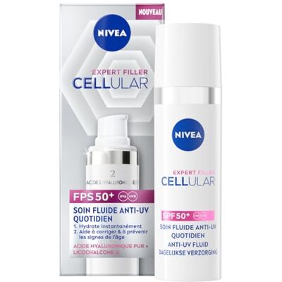 NIVEA Cellular Expert Filler Soin Fluide anti-UV quotidien SPF50+ – Soin visage hydratation avec Acide Hyaluronique et Licochalcone A – Crème solaire visage anti-âge et ride – Crème solaire 50 – 30ml - Publicité NIVEA Cellular Expert Filler Soin Fluide anti-UV quotidien SPF50+ – Soin visage hydratation avec Acide Hyaluronique et Licochalcone A – Crème solaire visage anti-âge et ride – Crème solaire 50 – 30ml - Publicité