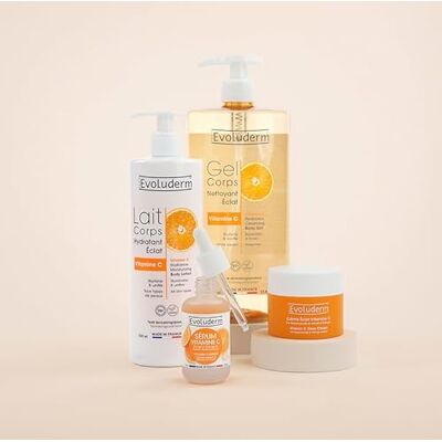 Evoluderm EVOLUDER Routine Visage et Corps Vitamine C Sérum Crème Visage Lait Corps Gel Douche Ingrédients d'Origine Naturelle - Publicité Evoluderm EVOLUDER Routine Visage et Corps Vitamine C Sérum Crème Visage Lait Corps Gel Douche Ingrédients d'Origine Naturelle - Publicité