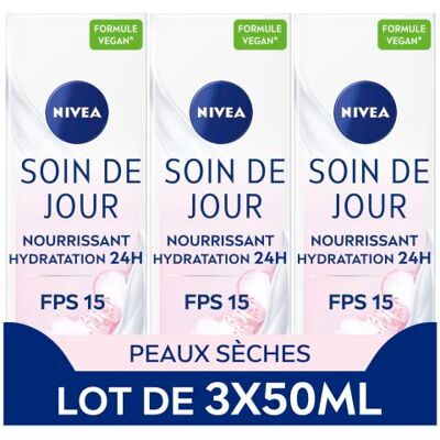 NIVEA Soin De Jour 24H Hydratant Nourrissant FPS15 (lot de 3 x 50 ml), crème hydratante visage enrichie en beurre de karité, soin visage femme pour peaux sèches - Publicité NIVEA Soin De Jour 24H Hydratant Nourrissant FPS15 (lot de 3 x 50 ml), crème hydratante visage enrichie en beurre de karité, soin visage femme pour peaux sèches - Publicité