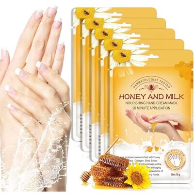 NUEDSFXO 5 Paires Gants de Masque Pour Les Mains, Masques Pour Les Mains Hydratants Exfoliants au Miel Avec Extraits Naturels de Plantes, Collagène, Anti-âge, Réparation de Peau Rugueuse (Miel et lait) - Publicité NUEDSFXO 5 Paires Gants de Masque Pour Les Mains, Masques Pour Les Mains Hydratants Exfoliants au Miel Avec Extraits Naturels de Plantes, Collagène, Anti-âge, Réparation de Peau Rugueuse (Miel et lait) - Publicité