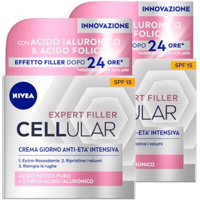 NIVEA Hyaluron Cellular Filler Crème de jour raffermissante, hydratante, anti-rides Formule SPF15 avec acide hyaluronique et acide folique Effet intensif – 2 boîtes de 50 ml - Publicité NIVEA Hyaluron Cellular Filler Crème de jour raffermissante, hydratante, anti-rides Formule SPF15 avec acide hyaluronique et acide folique Effet intensif – 2 boîtes de 50 ml - Publicité
