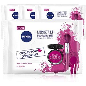 NIVEA Lingettes Démaquillantes Douceur 3-en-1 (4 x 25 ST), Démaquillant 3-en-1 peaux sèches et sensibles à l'huile d'amande douce, Nettoyant visage, yeux & lèvres - Publicité NIVEA Lingettes Démaquillantes Douceur 3-en-1 (4 x 25 ST), Démaquillant 3-en-1 peaux sèches et sensibles à l'huile d'amande douce, Nettoyant visage, yeux & lèvres - Publicité