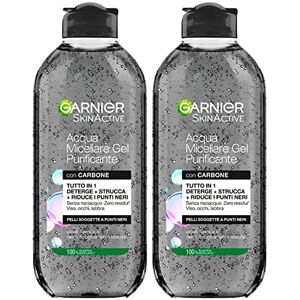 Garnier SkinActive Gel Micellares Eau Démaquillant Tout en 1 avec Charbon de Bois pour Points Noirs Formule Hypoallergénique Sans Rinçage pour Visage, Yeux et Lèvres 2 Flacons de 400 ml - Publicité Garnier SkinActive Gel Micellares Eau Démaquillant Tout en 1 avec Charbon de Bois pour Points Noirs Formule Hypoallergénique Sans Rinçage pour Visage, Yeux et Lèvres 2 Flacons de 400 ml - Publicité