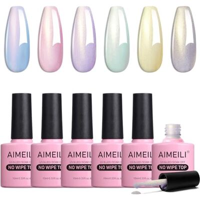 AIMEILI Brillant Perle Top Coat Vernis à Ongles Gel 6 Pcs 10ml KIT 76 Blanc Nacré Glitter Finish, No Wipe Top Coat, Longue Durée, Salon DIY à Maison - Publicité AIMEILI Brillant Perle Top Coat Vernis à Ongles Gel 6 Pcs 10ml KIT 76 Blanc Nacré Glitter Finish, No Wipe Top Coat, Longue Durée, Salon DIY à Maison - Publicité