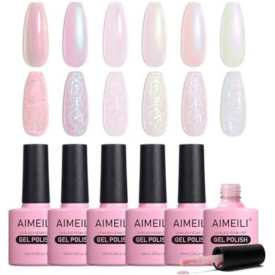 AIMEILI Vernis Semi Permanent Brillant Perle Gel, Nacré avec Fil Shell Glitter Vernis à Ongles Gel UV LED Soak Off 6 Couleurs 10ml Gel Nail Polish Kit 43 - Publicité AIMEILI Vernis Semi Permanent Brillant Perle Gel, Nacré avec Fil Shell Glitter Vernis à Ongles Gel UV LED Soak Off 6 Couleurs 10ml Gel Nail Polish Kit 43 - Publicité