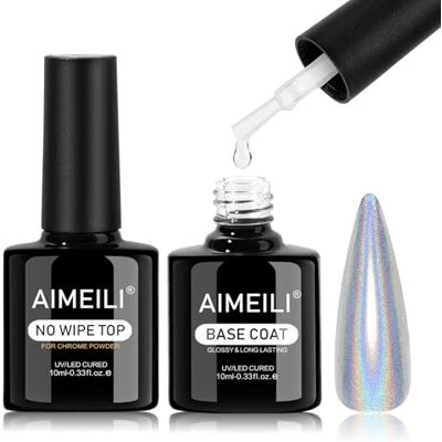 AIMEILI Base et Top Coat Vernis Gel Semi Permanent Couche Finition pour Poudre Chrome Ongle Brillant Miroir Longue Durée UV LED Manucure 2 x 10ml - Publicité AIMEILI Base et Top Coat Vernis Gel Semi Permanent Couche Finition pour Poudre Chrome Ongle Brillant Miroir Longue Durée UV LED Manucure 2 x 10ml - Publicité