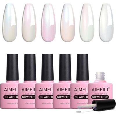 AIMEILI Brillant Perle Top Coat Vernis à Ongles Gel 6 Pcs 10ml KIT 75 Blanc Nacré Glitter Finish, No Wipe Top Coat, Longue Durée, Salon DIY à Maison - Publicité AIMEILI Brillant Perle Top Coat Vernis à Ongles Gel 6 Pcs 10ml KIT 75 Blanc Nacré Glitter Finish, No Wipe Top Coat, Longue Durée, Salon DIY à Maison - Publicité