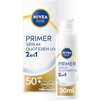 NIVEA SUN Sérum Primer Quotidien UV 2en1 SPF 50+ (1 x 30ml) Sérum Visage hydratant enrichi en Acide Hyaluronique Base de maquillage Soin avec écran solaire visage SPF 50+ sans parfum - Publicité NIVEA SUN Sérum Primer Quotidien UV 2en1 SPF 50+ (1 x 30ml) Sérum Visage hydratant enrichi en Acide Hyaluronique Base de maquillage Soin avec écran solaire visage SPF 50+ sans parfum - Publicité