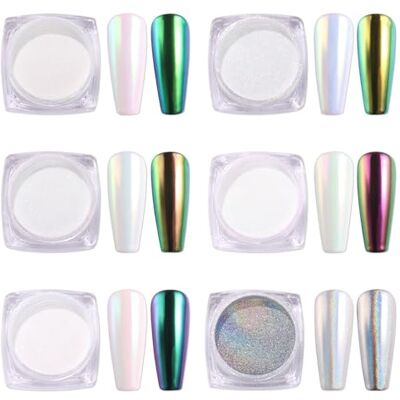 AIMEILI 6 Boîtes Perle Poudre Chrome Ongles Effet Miroir Caméléon Poussière de Paillettes Laser Poudre Caméléon Holographic Nail Powders Glitter Nail Art Décoration - Publicité AIMEILI 6 Boîtes Perle Poudre Chrome Ongles Effet Miroir Caméléon Poussière de Paillettes Laser Poudre Caméléon Holographic Nail Powders Glitter Nail Art Décoration - Publicité