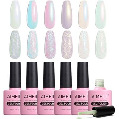 AIMEILI Vernis Semi Permanent Brillant Perle Gel, Nacré avec Fil Shell Glitter Vernis à Ongles Gel UV LED Soak Off 6 Couleurs 10ml Gel Nail Polish Kit 42 - Publicité AIMEILI Vernis Semi Permanent Brillant Perle Gel, Nacré avec Fil Shell Glitter Vernis à Ongles Gel UV LED Soak Off 6 Couleurs 10ml Gel Nail Polish Kit 42 - Publicité