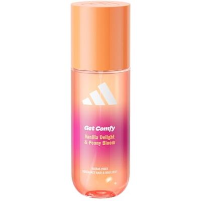 Adidas Vibes Get Comfy Brume parfumée cheveux et corps pour femme, stimulante, notes de vanille gourmande et de fleur de pivoine, pour toutes les occasions, 150 ml - Publicité Adidas Vibes Get Comfy Brume parfumée cheveux et corps pour femme, stimulante, notes de vanille gourmande et de fleur de pivoine, pour toutes les occasions, 150 ml - Publicité