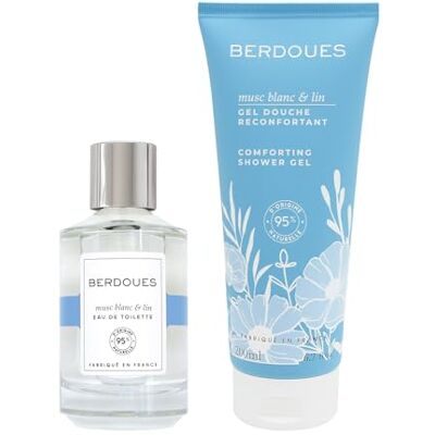Berdoues Lot Eau de toilette et Gel douche Musc & Lin. Lot doux et réconfortant. Parfum femme. Made in France, Vegan. 100ml et 50ml - Publicité Berdoues Lot Eau de toilette et Gel douche Musc & Lin. Lot doux et réconfortant. Parfum femme. Made in France, Vegan. 100ml et 50ml - Publicité