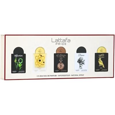 Lattafa Pride Coffret cadeau Eau de parfum N°1 (5 x 20 ml) Coffret cadeau de luxe pour homme et femme Parfums arabes durables Mini vaporisateurs de voyage - Publicité Lattafa Pride Coffret cadeau Eau de parfum N°1 (5 x 20 ml) Coffret cadeau de luxe pour homme et femme Parfums arabes durables Mini vaporisateurs de voyage - Publicité