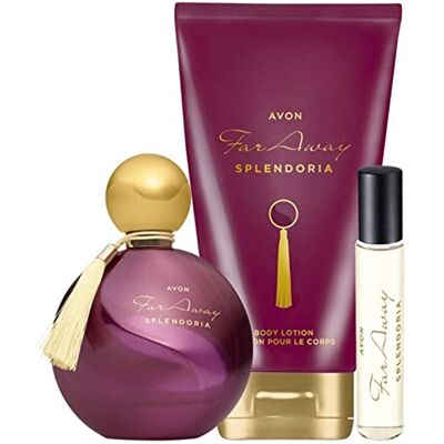 AVON Lot de 3 parfums Far Away Splendoria Eau de parfum Spray 50 ml Spray de poche 10 ml Lotion pour le corps 150 ml pour femme Oriental - Publicité AVON Lot de 3 parfums Far Away Splendoria Eau de parfum Spray 50 ml Spray de poche 10 ml Lotion pour le corps 150 ml pour femme Oriental - Publicité