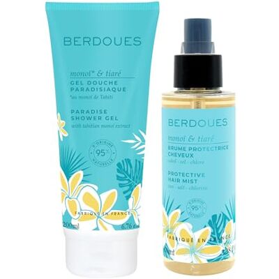 Berdoues Brume parfumée protectrice cheveux 100 ml + Gel douche 200 ml. Parfum Monoï Tiaré. Parfum femme, 95% d'origine naturelle. Vegan, Made in France. Publicité Berdoues Brume parfumée protectrice cheveux 100 ml + Gel douche 200 ml. Parfum Monoï Tiaré. Parfum femme, 95% d'origine naturelle. Vegan, Made in France. Publicité