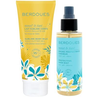Berdoues Brume parfumée protectrice cheveux 100 ml + Lait corps pailleté 200 ml. Parfum Monoï Tiaré. Parfum femme, 95% d'origine naturelle. Vegan, Made in France. Publicité Berdoues Brume parfumée protectrice cheveux 100 ml + Lait corps pailleté 200 ml. Parfum Monoï Tiaré. Parfum femme, 95% d'origine naturelle. Vegan, Made in France. Publicité