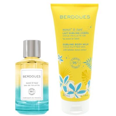 Berdoues Lot Eau de toilette et Lait corps pailleté Monoï Tiaré. Lot solaire et exotique. Parfum femme. Made in France, Vegan. 100ml et 200ml - Publicité Berdoues Lot Eau de toilette et Lait corps pailleté Monoï Tiaré. Lot solaire et exotique. Parfum femme. Made in France, Vegan. 100ml et 200ml - Publicité