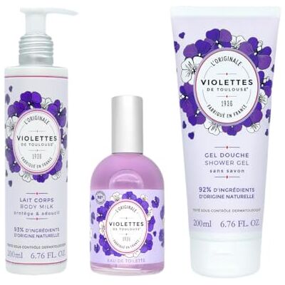 Berdoues Lot Eau de Toilette Violette de Toulouse, lait corps et gel douche, Made in France, Parfum femme et homme, flacon vaporisateur 110ml - Publicité Berdoues Lot Eau de Toilette Violette de Toulouse, lait corps et gel douche, Made in France, Parfum femme et homme, flacon vaporisateur 110ml - Publicité