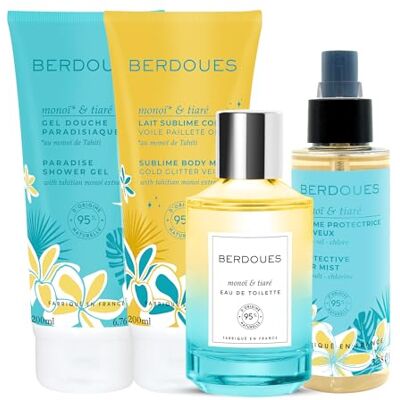 Berdoues Brume parfumée protectrice cheveux 100 ml + Eau de toilette Monoï Tiaré 100ml + Gel douche 200 ml + Lait corps pailleté 200ml. Parfum femme, 95% d'origine naturelle. Vegan, Made in France. Publicité Berdoues Brume parfumée protectrice cheveux 100 ml + Eau de toilette Monoï Tiaré 100ml + Gel douche 200 ml + Lait corps pailleté 200ml. Parfum femme, 95% d'origine naturelle. Vegan, Made in France. Publicité