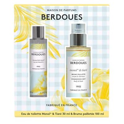 Berdoues – Coffret Monoï & Tiaré – Eau de toilette 30ml & Brume pailletée 100ml – Coffret parfumé solaire & exotique – Fabriqué en France - Publicité Berdoues – Coffret Monoï & Tiaré – Eau de toilette 30ml & Brume pailletée 100ml – Coffret parfumé solaire & exotique – Fabriqué en France - Publicité